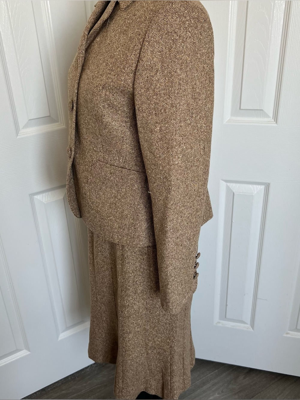 🍂 Vtg Ann Taylor Loft 2 pc Lined Brown Tweed Wool Skirt Suit w Belt Sz 8 Petite - Picture 11 of 13